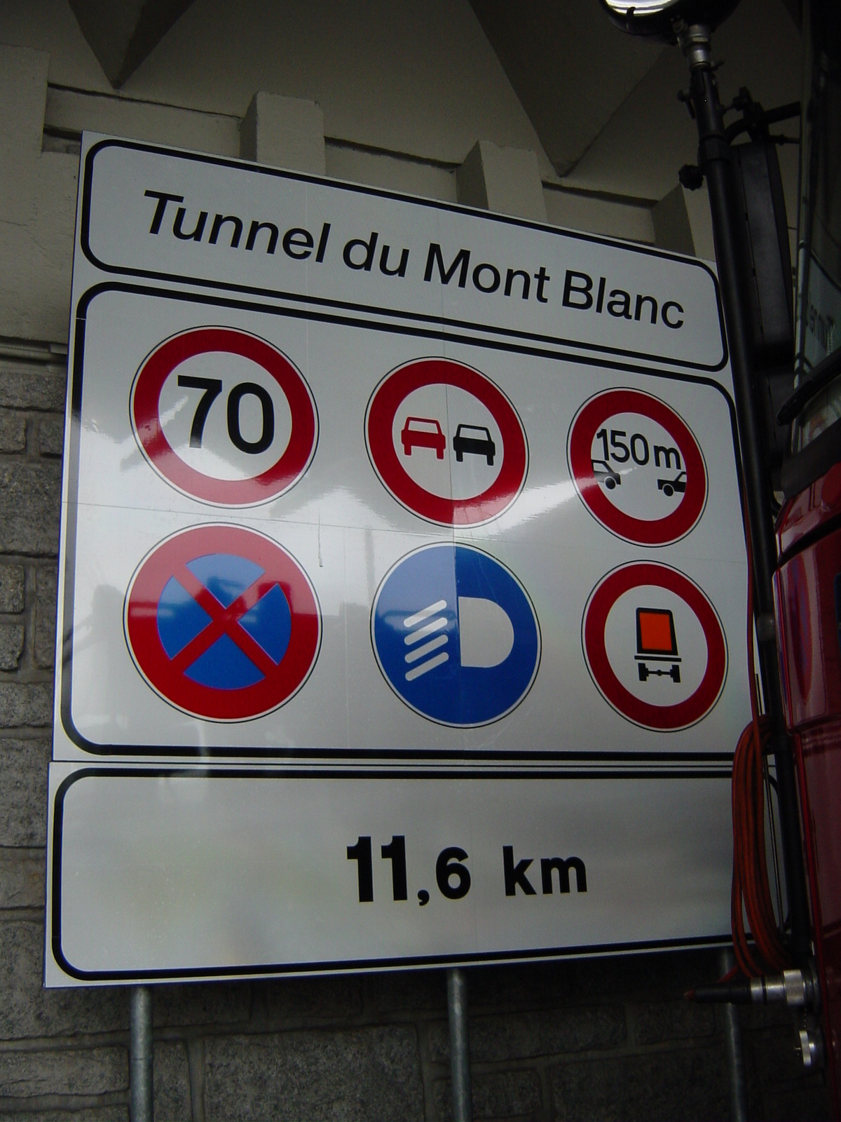 Fig. 1: Señales reglamentarias agrupadas en una única en la boca del túnel del Mont Blanc